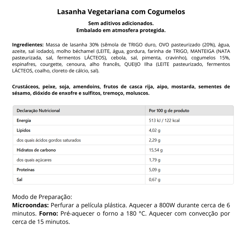 Lasanha Vegetariana com Cogumelos - 350g