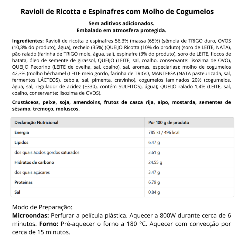 Ravioli de Ricota e Espinafres com molho Cogumelos - 350g